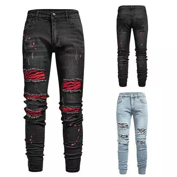 Мужские новые модные эластичные рваные индивидуальные джинсовые брюки XXXL чёрный