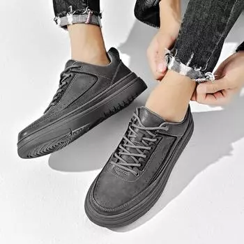 Men s New Flat-soled Non-slip Breathable Lace-up Genuine Leather Men s Shoes Trendy Outdoor Casual Versatile Sports Casual Shoes 38 чёрный