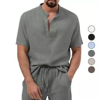 Men s New Polo Shirt Deep V Button Short Sleeve T-shirt with Solid Color Men s Top M белый