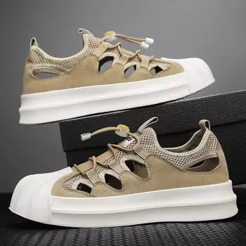 Men S No-Lace-Up Foot Shoes Shell Head Hollow Breathable Comfortable Casual Sports Shoes 39
