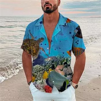 Men s Ocean Elements Breathable Shirts Men s Hawaiian Fish Print Shirts Beach Casual Shirt Fashion Men s Short Sleeve Shirts S