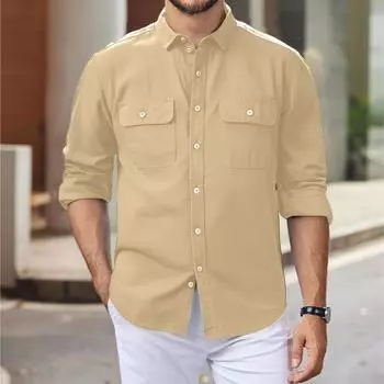 Men s Outdoor Casual Loose Pattern Solid Color Cardigan Button-Down Stand-Up Collar Long-Sleeved Shirt S хаки