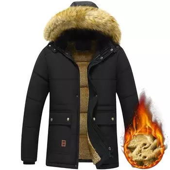 Men s Padded and Thickened Warm Jacket Middle-aged and Elderly Round Hem Casual Hooded Jacket 5XL чёрный