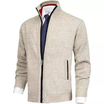 Men s Padded Thickened Fall and Winter Knitwear Splicing Sweater Coat Men s Jacket Cardigan S бежевый