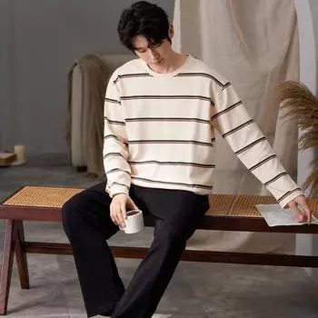 Men s Pajamas Set Stripe Autumn Winter Leisure Elastic Waist Young Boys Sleepwear Long Sleeve Nightwear Pijama Home Wear Clothes XXXL