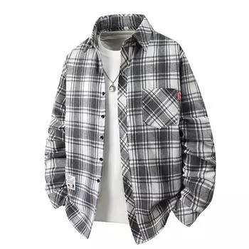 Men s Plaid Long-sleeved Shirt Trendy Versatile Simple Loose Youth Shirt M