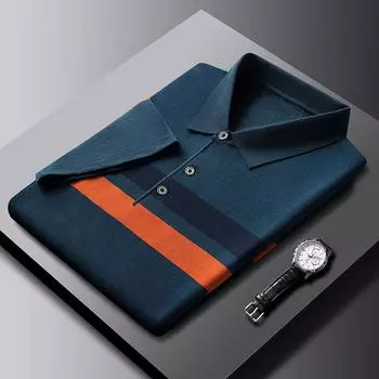 Men S Polo Shirt Casual Striped Yarn With Skin-Friendly Lapel Short Sleeve T-Shirt Bottom Shirt M