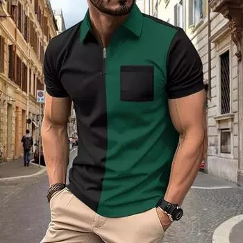 Men s Polo Shirt Color Blocked Zipper Casual Short Sleeved T-shirt S темно-зеленого