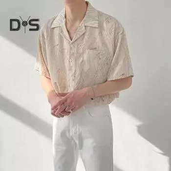 Men s Printed Short Sleeve Shirt Button Down Lapel Shirt with Pocket Summer Casual Beach Top for Vacation Travel S абрикосовый