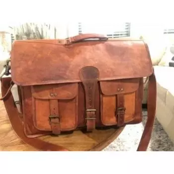 Men s Pure Handmade Briefcase Vintage Leather Messenger Bag Shoulder Laptop Bag 16 x 12 x 5 in