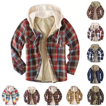 Мужская клетчатая рубашка на стеганой подкладке на пуговицах с бархатной теплой курткой с капюшоном L кофейный