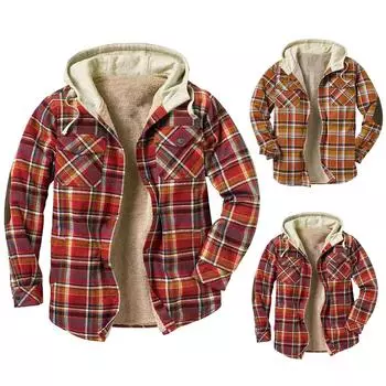 Мужская клетчатая рубашка на стеганой подкладке на пуговицах с бархатной теплой курткой с капюшоном XL красный