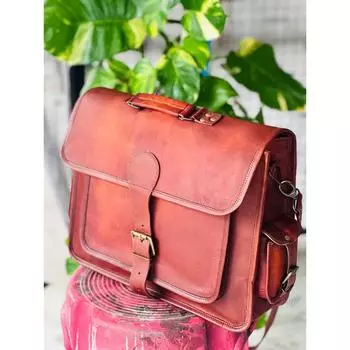 Men s Real Goat Leather Vintage Brown Messenger Laptop Bag Briefcase 16 x 12 x 5 in