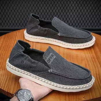 Men s Retro Canvas Shoes Lightweight Soft Sole Loafers 2025 Spring Autumn Round Toe Non-slip Sneakers Zapatillas De Deporte 39