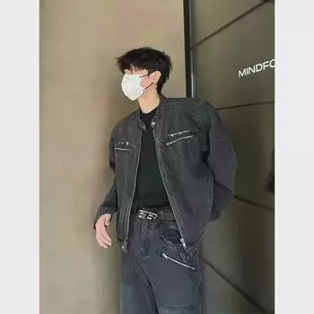 Men s Retro Denim Jacket with Padded Shoulders - Spring/Autumn Street Fashion L (115-125 kg)