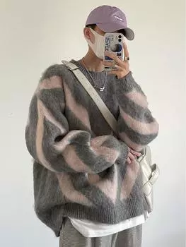 Men s Retro Diamond Striped Sweater - Soft, High-End Korean Style, Round Neck, Autumn/Winter Fashion M серый