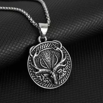 Men s Retro Fashion Elk Shape Silver Round Pendant Necklace Accessories