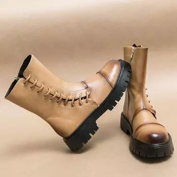 Мужские ретро-мотоциклетные ботинки, мужские высокие рабочие ботинки, мужская обувь, зимняя мода, толстые кожаные ботинки с круглым носком для отдыха на природе 38 чёрный