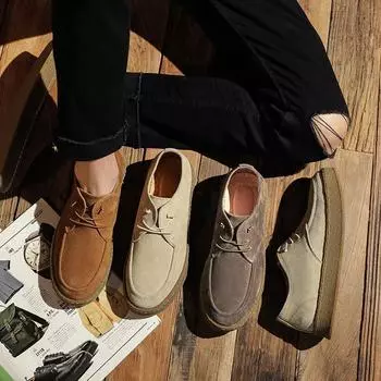 Men s Retro Suede Thick Sole Leather Casual Low Top Round Toe Lace-Up Handmade Shoes Men Fashion Versatile Cowhide Flat Shoes 38 хаки
