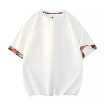 Men s Retro Summer Contrasting Plaid Round Neck Short Sleeved T-shirt XXXXL белый