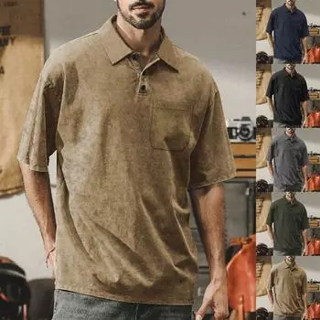 Men s Retro Washed Heavy Weight Short Sleeve Loose Casual Top Lapel Button T-Shirt L