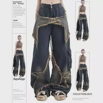 Men s Retro Wide-Leg Jeans with Pentagram Design, Big Pockets, and Distressed Raw Edges. S синий