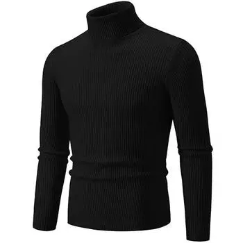 Men s Roll Neck Striped Sweater Autumn Warm Slim Fit Knitted Pullovers High Elastic Casual Solid Color Basic Style Knitwear M чёрный