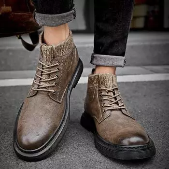 Men s round headed high top leather shoes Luxury quality minimalist design leisure business office autumn and winter boots 38 чёрный