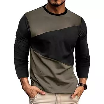 Men S Round Neck Contrasting Loose Casual Long Sleeved Shirt XXL