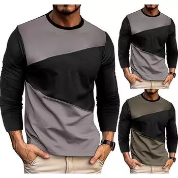 Men S Round Neck Contrasting Loose Casual Long Sleeved Shirt L армия зеленый