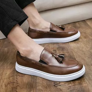 Men s round toe loafers Fashionable fringed leather shoes Wedding Outdoor Party Outdoor Leisure Business Driving Men s Shoes 38 чёрный