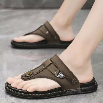 Men s Sandal Leather Men Stylish Beach Sandals Brand Summer Casual Shoes Flip Flops Men Slippers Sneakers Male Walking Shoes 38 чёрный