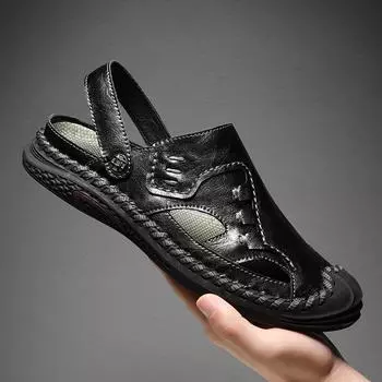 Men s Sandals 2024 Casual Shoes Leather Handmade Half Shoes For Men Shoes Summer Light Beach Shoe Zapatos Hombre Mocassin Loafer 38 чёрный