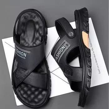 Men s Sandals 2024 New Summer Soft Leather Soft Sole Anti Slip Beach Shoes Casual Dual Use Outside Slippers Shoe Sandal Slipper 38 чёрный