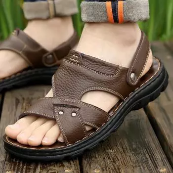 Men s sandals 2024 summer leather soft-soled casual beach shoes middle-aged and elderly non-slip dual-purpose extra large size cool slippers 38