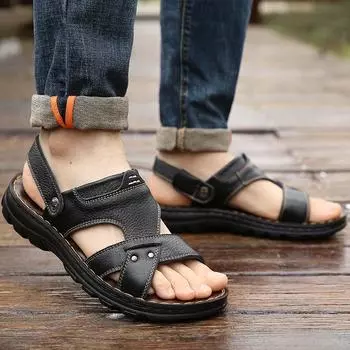 Men s Sandals 2025 Summer Leather Soft-soled Casual Beach Shoes Middle-aged and Elderly Non-slip Dual-purpose Extra Large Size Cool Slippers 38