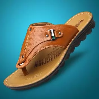 Men s sandals 2025 summer new cowhide cool slippers men s beach shoes outdoor casual flip-flops 38 чёрный