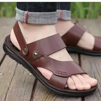 Men s Sandals 2025 Summer New Cowhide Cool Slippers Men s Large Size 47 Beach Shoes Casual Two Wear Men s Shoes 38 коричневый