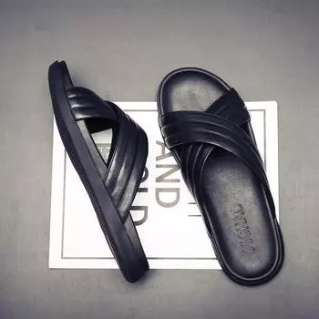 Men s sandals 2025 summer wear soft-soled men s slippers deodorant leather sandals first layer cowhide beach shoes 38 чёрный