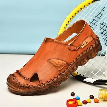 Men S Sandals Cowhide Baotou Hole Shoes Leather Sandals Men S Large Size Beach Shoes 38