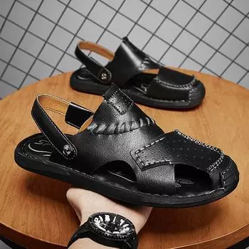 Men s Sandals Genuine Leather Summer Breathable Roman Sandals Antiskid Outdoor Beach Sandals Handmade Designer Shoes Mocassins 38 чёрный