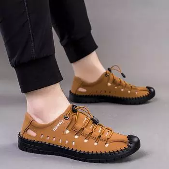 Мужские сандалии Hollow Cool Leather Shoes Мужская сумка Head Hole Shoes Soft Sole Beach Shoes Повседневная обувь 39 коричневый