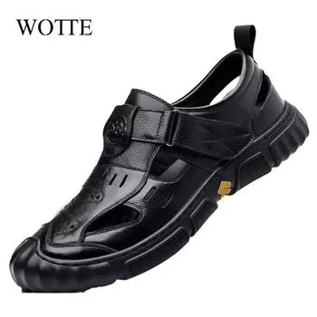 Men s Sandals Luxury Leather Casual Shoes For Men Summer 2024 Comfortable Moccasins Barefoot Outdoor Fashion Sandals Footwear 6.5 коричневый