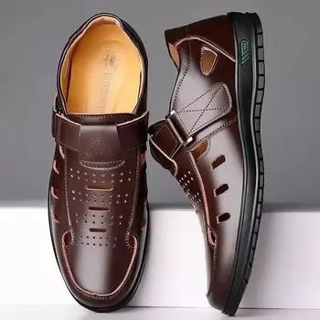 Men s Sandals Summer Hollow Out Breathable Casual Sandals Fashion Leather Sandals Outdoor Non Slip Beach Shoes Sandalias Hombre 39 коричневый