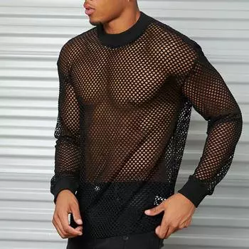 Men s Sheer Mesh Long Sleeve Drop Shoulder T-Shirt - Sexy Nightclub & Fitness Wear M