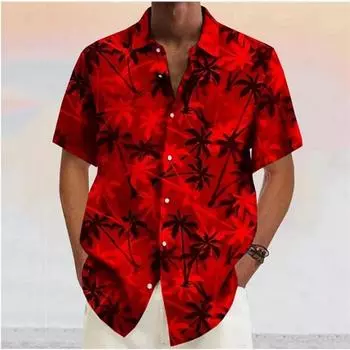 Men s Shirt with Lapel Button, Hawaiian Blue Coconut Tree Print Short Sleeved Casual Fashion Designer Soft 7-color Summer S
