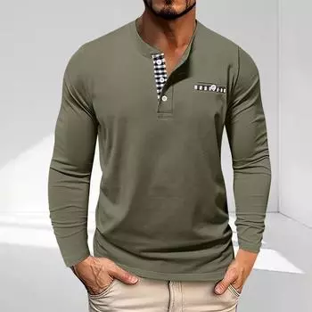 Men s Shirts Long Sleeve Casual T-Shirts Cotton Button V Neck Tops XXL