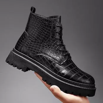 Men s shoes 2024 autumn and winter new Hong Kong style waterproof thick-soled high-top leather shoes, adolescent ruffian handsome height-increasing 39