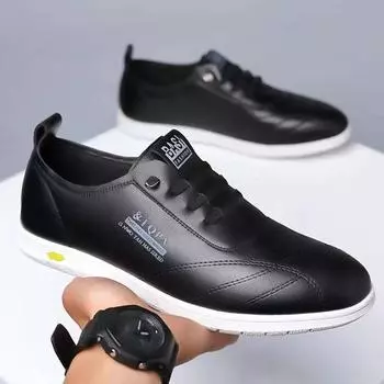 Men s shoes 2024 new men s soft leather shoes breathable soft sole casual versatile white shoes fashionable and lightweight Doudou shoes 39 чёрный