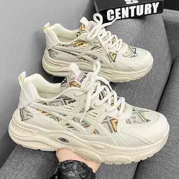 Men s shoes 2024 new summer breathable sports dad shoes casual running white shoes men s height-increasing student shoes 39 бежевый